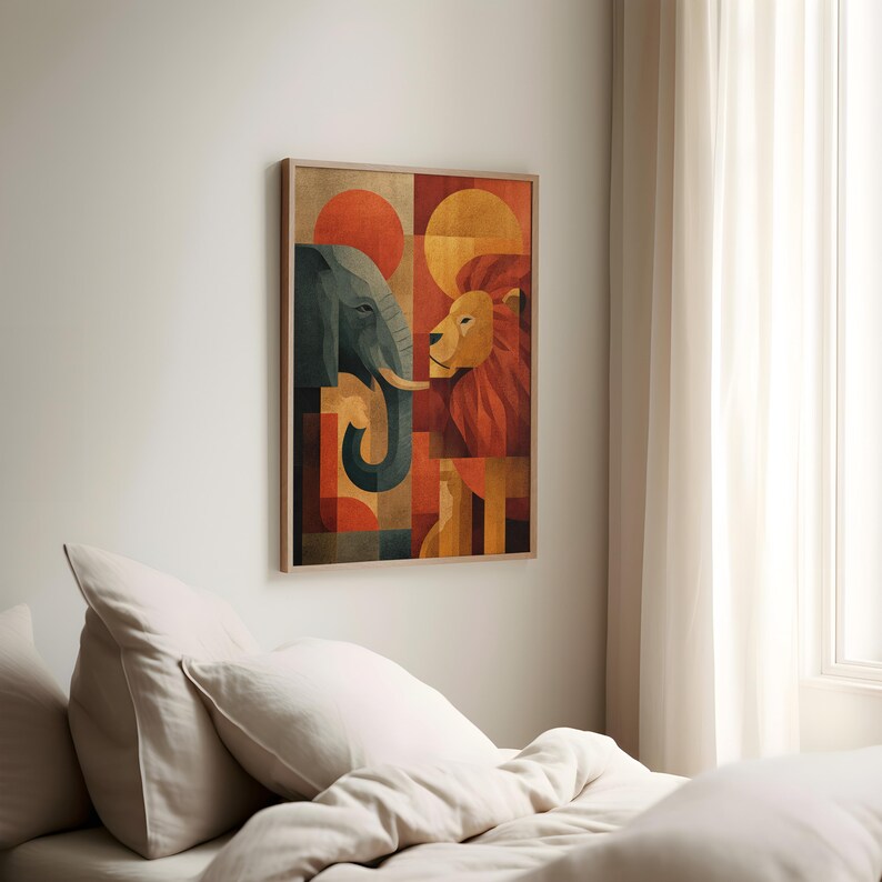 May include: A framed art print featuring a geometric design of an elephant and a lion. The artwork uses a palette of orange, red, and blue, with circular and rectangular shapes. The print is displayed on a white wall.