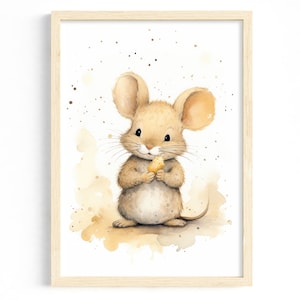Cute nursery wall decoration | Watercolor animal mouse | Soft colors illustration baby room | Cute animal poster girls boys gift idea