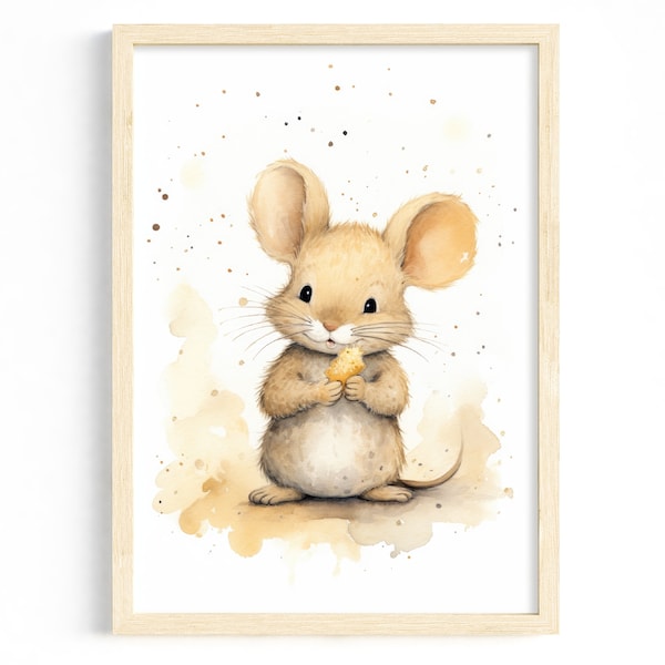 Aquarel kinderkamerposter: schattige muis met kaas | Minimalistisch babykamerdecor | Kinderposters in zachte kleuren