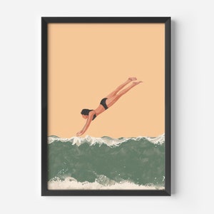 May include: A woman in a black swimsuit dives into a green wave with white foam.