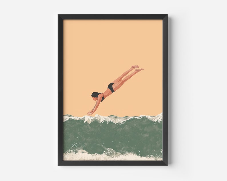 May include: A woman in a black swimsuit dives into a green wave with white foam.