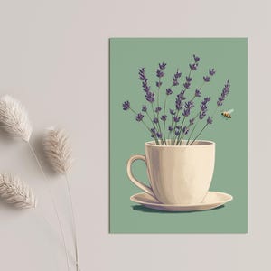 May include: A white teacup and saucer with a bouquet of purple lavender flowers inside. A small yellow bee is flying near the flowers.