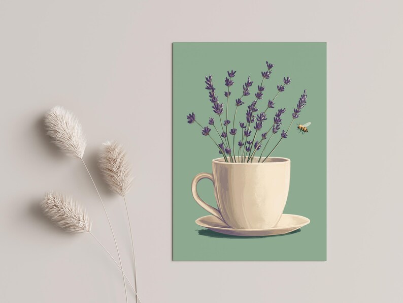 May include: A white teacup and saucer with a bouquet of purple lavender flowers inside. A small yellow bee is flying near the flowers.
