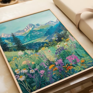 Abstrakte Berglandschaft: Alpen Poster mit Blumen | Farbenfrohe Wandkunst | Alpine Landschaft | Gletscher und Berge Wanddeko