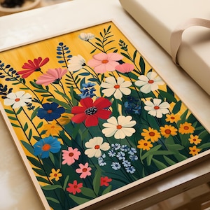 Poster di fiori colorati | Decorazione murale allegra con fiori di campo | Illustrazione di un fiore primaverile | Bouquet da parete con prato di fiori colorati