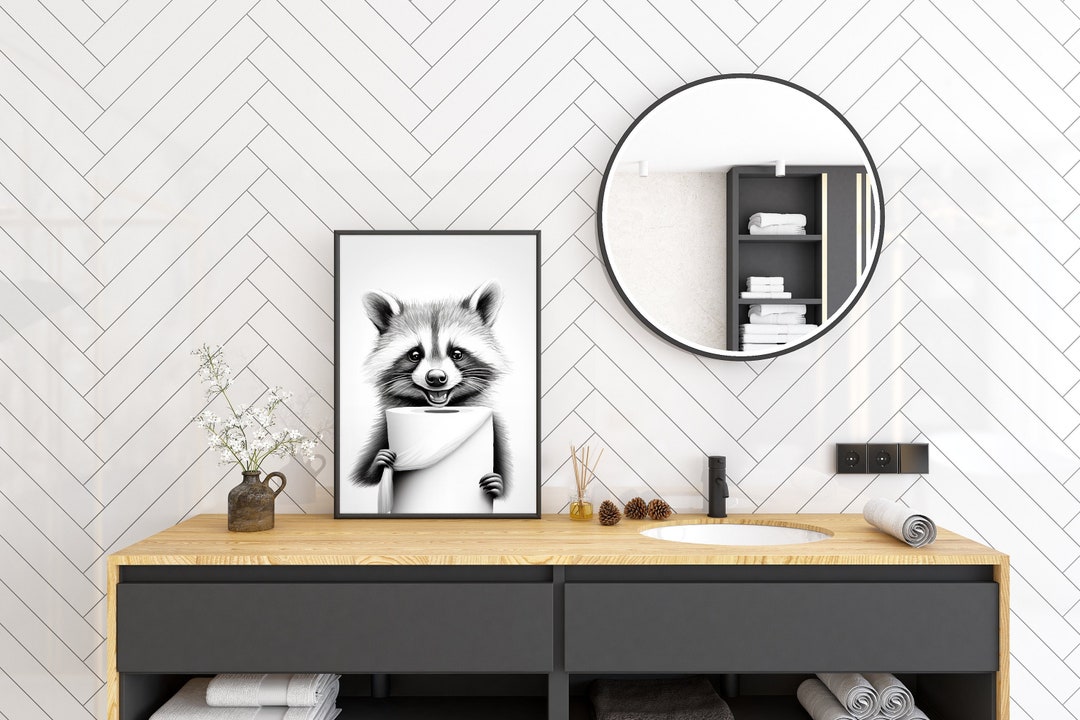 OWNANRTHM Stampa artistica da parete per il bagno con procione nella vasca da bagno, divertente stampa artistica da parete con animali in bianco e nero nella vasca da bagno, decorazione per bagno