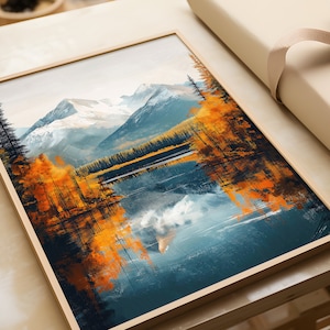 Poster naturalistico per il soggiorno moderno | Paesaggio autunnale in stile scandinavo | Stampa artistica con montagne blu-arancioni e lago per l'ufficio
