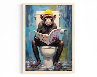 Bathroom Poster: Monkey on the Toilet | Funny Guest Restroom Mural | Abstract Bathroom Picture | Unique Bathroom Decoration