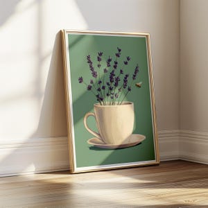 May include: A framed illustration of a white teacup with a saucer, filled with purple lavender flowers and a bee flying above. The background is a muted green color.