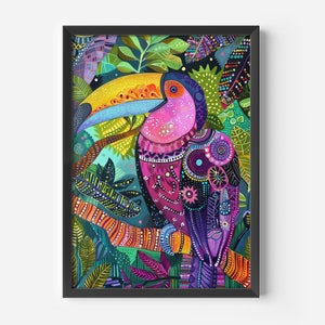 Arte esotica per il soggiorno | Stampa di uccelli tropicali colorati | Illustrazione astratta della foresta pluviale | Decorazione murale vibrante per l'ufficio e il corridoio