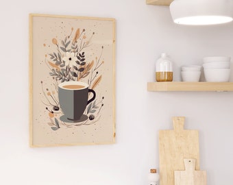 Modern art print for kitchen | Scandinavian coffee art | Beige botanical illustration | Relaxing decorative poster for living room/hallway