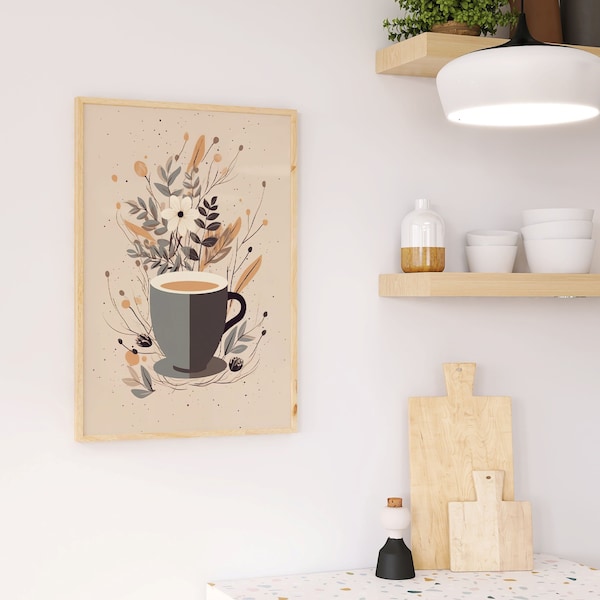 Moderne Küchendeko: Kaffeetasse mit Pflanzenmotiv | Gemütliche Boho Wanddeko | Esszimmer Dekoration | Küchen Poster | Küchenwandkunst Beige