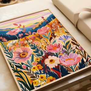Ilustración de un prado de flores coloridas: Decoración rosa, amarilla y azul | Póster floral vibrante | Arte mural abstracto de plantas y montañas | Acentos coloridos
