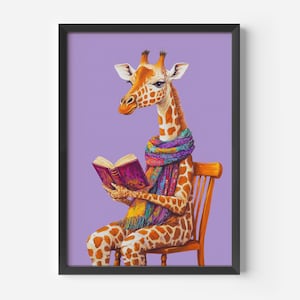 Lustige Giraffe Wandbild Aquarell | Tier Poster bunt modern | Deko Wohnzimmer Kinderzimmer Büro | Humorvolle Tierkunst Geschenk