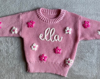 Custom Hand Embroidered Baby Toddler Name/Word Sweater with All Over Flowers Personalized Knitwear for Your Little One,Gift Newborn Birthday