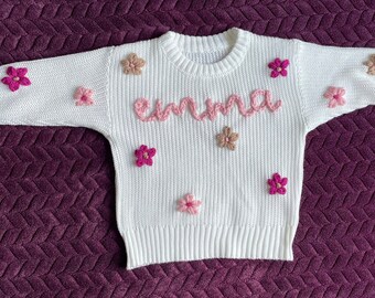 Custom Hand Embroidered Baby Toddler Name/Word Sweater with All Over Flowers Personalized Knitwear for Your Little One,Gift Newborn Birthday