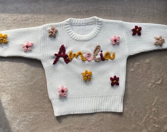 Custom Hand Embroidered Baby Toddler Name/Word Sweater with All Over Flowers-Personalized Knitwear for Your Little One,Gift Newborn Birthday