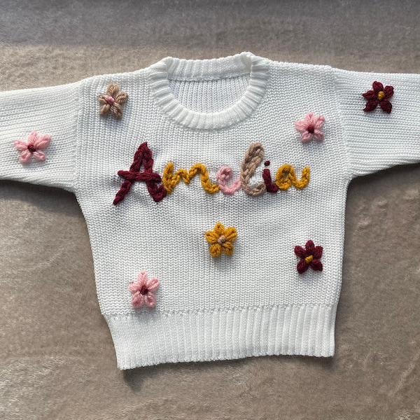 Custom Hand Embroidered Baby Toddler Name/Word Sweater with All Over Flowers-Personalized Knitwear for Your Little One,Gift Newborn Birthday