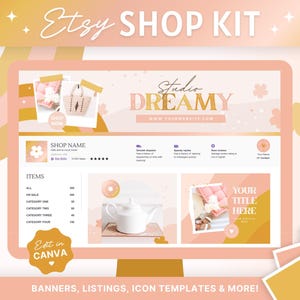 Etsy Shop Banner Templates | Etsy Branding Kit Canva Template | Editable Canva Banner Templates | Yellow Pink Rainbow Etsy Shop Kit Bundle