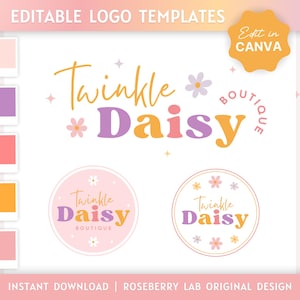 Logo Design Template Canva | Editable Logo Template | Small Business Logo Design | Branding | Retro Logo Design | Bright Boho Logo | Daisy