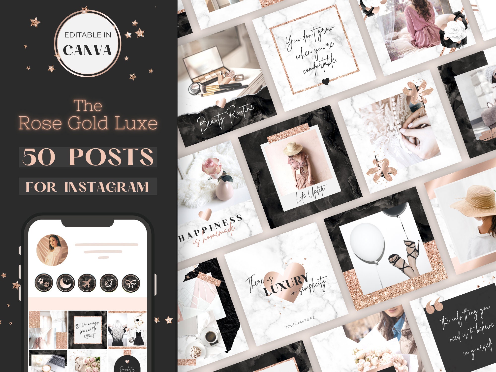 50 Instagram Post Templates Canva Marble Rose Gold Influencer Branding ...