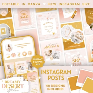 May include: A set of 40 Instagram post templates in pink and gold with desert-themed illustrations and text. The templates include text like "Dreamy Desert Studio", "Big Sale", "New Arrivals", and "Hello September".