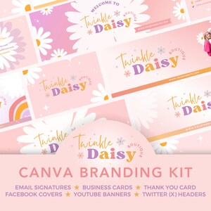 Kit di branding Twinkle Daisy / Modelli Canva modificabili / Biglietti da visita, biglietti di ringraziamento, copertina di Facebook, banner di Youtube, Twitter Boho Bright