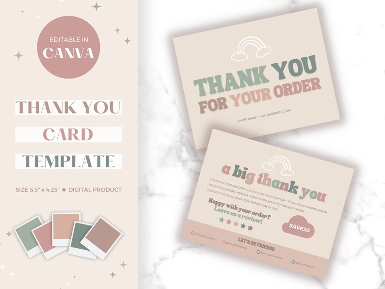 Thank You Card Template Canva Retro Rainbow Colors Thankyou Order Card ...