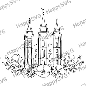 May include: A black and white line art illustration featuring a temple with three tall spires, surrounded by a decorative arrangement of flowers and leaves at the base. The repeating text HappySVG is visible across the background of the image.