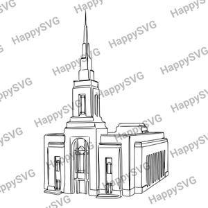 Peut inclure: Une illustration en noir et blanc au trait représentant un temple avec une flèche centrale et des éléments architecturaux rectangulaires. L'image est recouverte du texte répétitif HappySVG en gris clair sur tout le fond blanc.