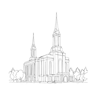 May include: Line drawing of a temple with two spires and a rectangular building. The architectural design features arched windows and a symmetrical facade. Trees are depicted on either side of the building, all in black and white.