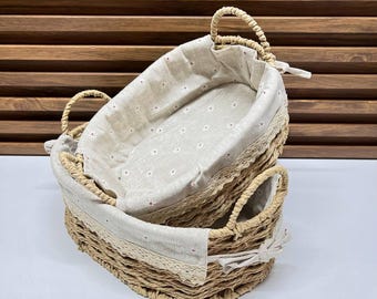 Woven Storage Basket with Fabric Liner, Natural Fiber Basket, Boho Home Decor, Bread Basket, Rustic Organizer, Handmade Basket with Handles