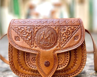 Moroccan Mini Leather Crossbody Bag – Handcrafted Atlas Artisan Purse – Small Boho Leather Bag – Compact Ethnic Shoulder Bag