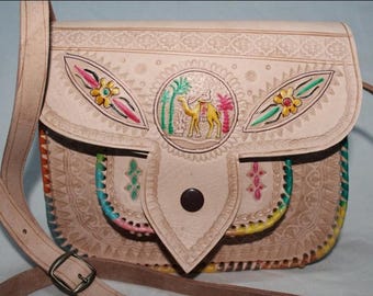 Moroccan Hand-Painted Leather Crossbody Bag – Floral Boho Bag – Artisan Embossed Leather Purse – Unique Desert Caravan Style