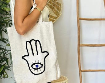 Moroccan Khmissa Tote Bag – Handmade Cotton Bag – Hamsa Hand Evil Eye Tote – Boho Beach Bag – Eco Friendly Shopper