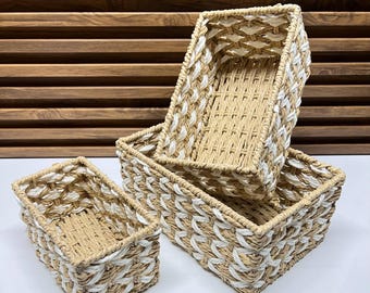 Set of 3 Woven Storage Baskets, Natural Fiber Organizer Bins, Boho Home Decor, Bathroom Kitchen Storage, Handmade Nesting Baskets