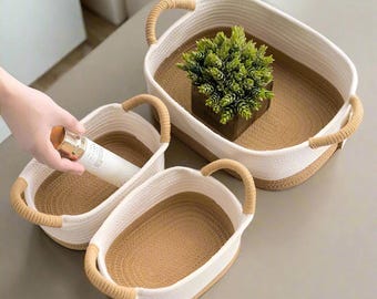 Set of 3 Cotton Rope Storage Baskets with Handles, Woven Organizer Bins, Bathroom Kitchen Storage, Nursery Decor, Minimalist Home Decor