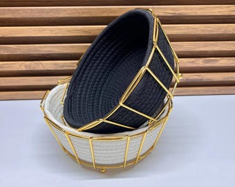 Modern Storage Basket with Gold Metal Frame, Fabric Organizer Bowl, Decorative Fruit Basket, Bathroom Storage, Minimalist Home Decor