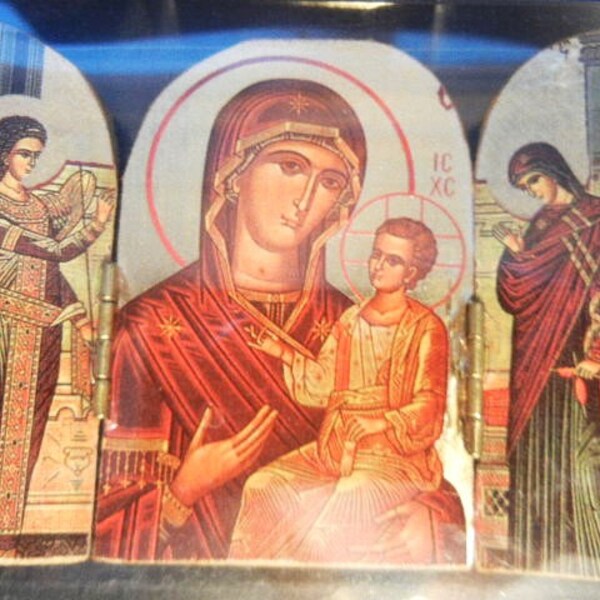 Amolintos (Mary) Printed Gold Foil Triptych 2 7/8 x 3 3/4" Icon NEW! Made in Greece