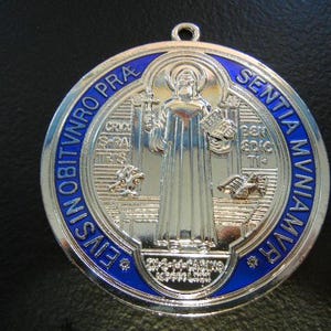 St. Benedict Medal Pendant Red and Blue Enamel Silver Tone Finish 3 Inch Textured Metal Zinc Alloy NEW!