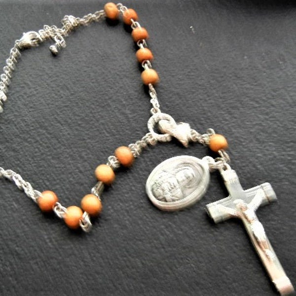 Sacred Heart + Our Lady of Mount Carmel Brown Wood Bead Rear View Mirror Rosary with Mary Centerpiece 8 1/4" Long New!