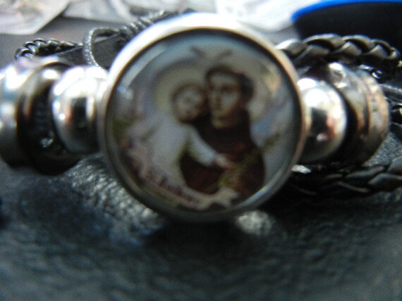 Anthony Glass Cabochon Faux Leather Weave Charm Bracelet