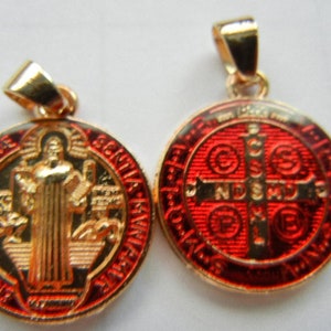 St. Benedict Double Sided Round Jubilee Exorcism Medal  3/4" Medal NEW!  Gold & Red Enamel