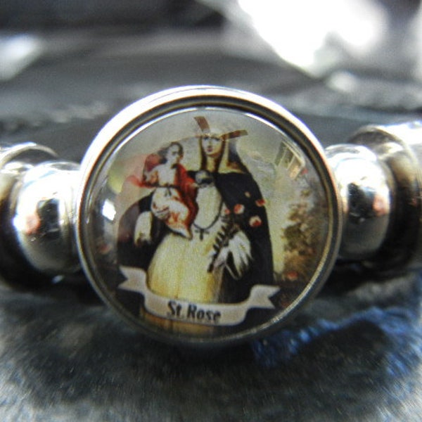 St. Rose of Lima Glass Cabochon Faux Leather Weave Charm Bracelet, Christianity Jewelry Adjustable Jewelry, Believer NEW!