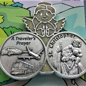 St. Christopher and Glow in the Dark Angel Visor Clip 5 1/2&quot; tall x 5&quot;  NEW! Made in Italy