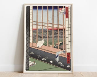Cat in Window, Utagawa Hiroshige, Vintage Japanese Artwork, View of Mount Fuji