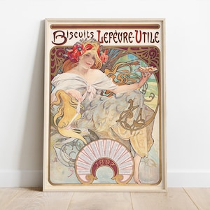 Kekse Lefevre-Utile, Alphonse Mucha Druck, Vintage französische Werbung, Küchendekoration
