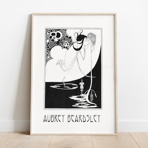 Peut inclure: Illustration en noir et blanc d'un couple s'embrassant dans un décor fantastique. L'image est encadrée et porte la signature de l'artiste, "Aubrey Beardsley".