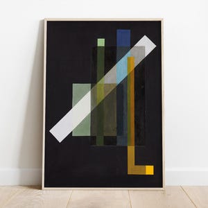 Può includere: Stampa d'arte geometrica astratta con sfondo nero e forme colorate in tonalità di verde, blu, giallo e bianco.