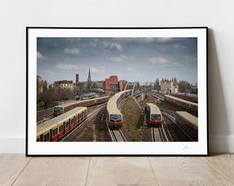 Foto dos trens de Berlim, impressão de pôster do S-bahn, Berlin Ostkreuz, fotografia ferroviária